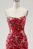 Vestido de Homecoming Sem Alças, Vermelho Vermelho Justo, Curto, Missanga, Franzido, Floral, Sem Alças.