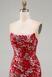 Vestido de Homecoming Sem Alças, Vermelho Vermelho Justo, Curto, Missanga, Franzido, Floral, Sem Alças.