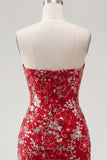 Vestido de Homecoming Sem Alças, Vermelho Vermelho Justo, Curto, Missanga, Franzido, Floral, Sem Alças.