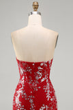 Vestido de Homecoming Sem Alças, Vermelho Vermelho Justo, Curto, Missanga, Franzido, Floral, Sem Alças.