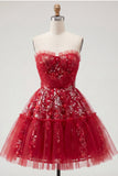 Vestido de Finalista Vermelho Vermelho Brilhante Linha A Curta, Missangas e Franzidas, Vestido de Finalistas Florais com Folhos