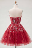Vestido de Finalista Vermelho Vermelho Brilhante Linha A Curta, Missangas e Franzidas, Vestido de Finalistas Florais com Folhos