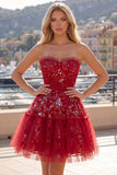Vestido de Finalista Vermelho Vermelho Brilhante Linha A Curta, Missangas e Franzidas, Vestido de Finalistas Florais com Folhos