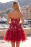 Vestido de Finalista Vermelho Vermelho Brilhante Linha A Curta, Missangas e Franzidas, Vestido de Finalistas Florais com Folhos