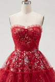 Vestido de Finalista Vermelho Vermelho Brilhante Linha A Curta, Missangas e Franzidas, Vestido de Finalistas Florais com Folhos