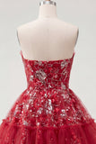 Vestido de Finalista Vermelho Vermelho Brilhante Linha A Curta, Missangas e Franzidas, Vestido de Finalistas Florais com Folhos