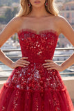 Vestido de Finalista Vermelho Vermelho Brilhante Linha A Curta, Missangas e Franzidas, Vestido de Finalistas Florais com Folhos