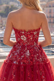 Vestido de Finalista Vermelho Vermelho Brilhante Linha A Curta, Missangas e Franzidas, Vestido de Finalistas Florais com Folhos