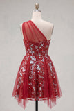 Vestido de Finalistas de Finalistas com Espartilho Vermelho Floral Vermelho Brilhante, Linha A Curto com Missangas e Folhos