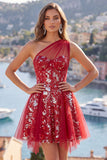 Vestido de Finalistas de Finalistas com Espartilho Vermelho Floral Vermelho Brilhante, Linha A Curto com Missangas e Folhos