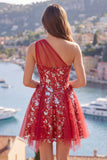 Vestido de Finalistas de Finalistas com Espartilho Vermelho Floral Vermelho Brilhante, Linha A Curto com Missangas e Folhos