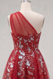 Vestido de Finalistas de Finalistas com Espartilho Vermelho Floral Vermelho Brilhante, Linha A Curto com Missangas e Folhos