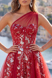 Vestido de Finalistas de Finalistas com Espartilho Vermelho Floral Vermelho Brilhante, Linha A Curto com Missangas e Folhos