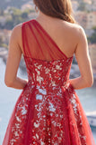 Vestido de Finalistas de Finalistas com Espartilho Vermelho Floral Vermelho Brilhante, Linha A Curto com Missangas e Folhos