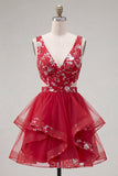 Vestido de Finalistas Curto de Finalistas com Corte Vermelho Floral Franzido A