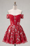 Vestido de Finalistas de Finalistas Curtas Espartilho Vermelho Floral Vermelho A Brilhante com Missangas