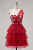 Vestido de Finalistas Curto Vermelho Floral Vermelho Um Ombro A com folhos