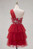 Vestido de Finalistas Curto Vermelho Floral Vermelho Um Ombro A com folhos
