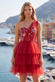 Vestido de Finalistas Curto Vermelho Floral Vermelho Um Ombro A com folhos