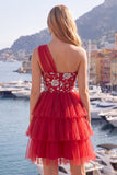 Vestido de Finalistas Curto Vermelho Floral Vermelho Um Ombro A com folhos