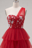 Vestido de Finalistas Curto Vermelho Floral Vermelho Um Ombro A com folhos