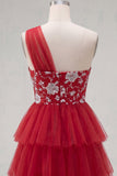 Vestido de Finalistas Curto Vermelho Floral Vermelho Um Ombro A com folhos