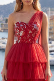 Vestido de Finalistas Curto Vermelho Floral Vermelho Um Ombro A com folhos