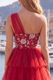 Vestido de Finalistas Curto Vermelho Floral Vermelho Um Ombro A com folhos