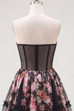 Flor preta cor-de-rosa Uma linha Espartilho sem alças Vestido Curto de Regresso a Casa