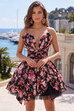 Flor preta cor-de-rosa Uma linha de vestido curto de regresso a casa, decote em V, franzido e laços