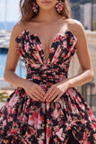 Flor preta cor-de-rosa Uma linha de vestido curto de regresso a casa, decote em V, franzido e laços