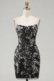 Vestido de regresso a casa, preto preto e franzido, floral, apertado, curto sem alças com lantejoulas