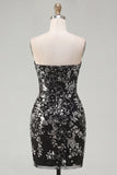 Vestido de regresso a casa, preto preto e franzido, floral, apertado, curto sem alças com lantejoulas