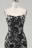 Vestido de regresso a casa, preto preto e franzido, floral, apertado, curto sem alças com lantejoulas