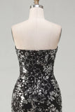Vestido de regresso a casa, preto preto e franzido, floral, apertado, curto sem alças com lantejoulas