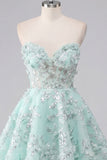 Vestido de Homecoming com Espartilho Floral A-Line Mint Floral Sweetheart