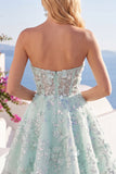 Vestido de Homecoming com Espartilho Floral A-Line Mint Floral Sweetheart