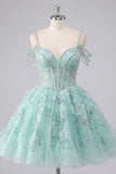Vestido de Finalistas A-Line Mint Ombro Fixo Floral com Missangas