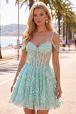 Vestido de Finalistas A-Line Mint Ombro Fixo Floral com Missangas