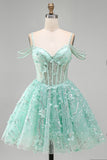 Vestido de Finalistas A-Line Mint Ombro Fixo Floral com Missangas