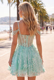 Vestido de Finalistas A-Line Mint Ombro Fixo Floral com Missangas