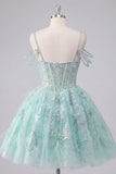 Vestido de Finalistas A-Line Mint Ombro Fixo Floral com Missangas