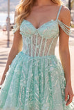 Vestido de Finalistas A-Line Mint Ombro Fixo Floral com Missangas