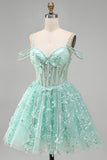 Vestido de Finalistas A-Line Mint Ombro Fixo Floral com Missangas