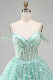 Vestido de Finalistas A-Line Mint Ombro Fixo Floral com Missangas