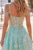 Vestido de Finalistas A-Line Mint Ombro Fixo Floral com Missangas