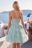 Vestido de Finalistas A-Line Mint Ombro Fixo Floral com Missangas