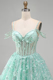 Vestido de Finalistas A-Line Mint Ombro Fixo Floral com Missangas