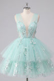 Vestido de Homecoming A-Line Menta com decote em V, tule floral aplicado