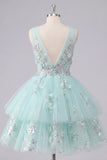 Vestido de Homecoming A-Line Menta com decote em V, tule floral aplicado